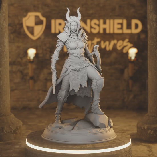 Elkava - Tiefling Female Ranger Archer Demon — 360° rotating view of 3D printed DnD miniature