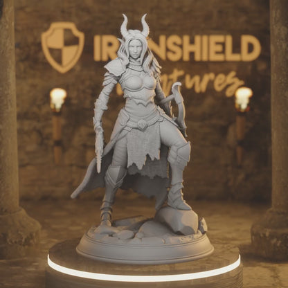 Elkava - Tiefling Female Ranger Archer Demon — 360° rotating view of 3D printed DnD miniature