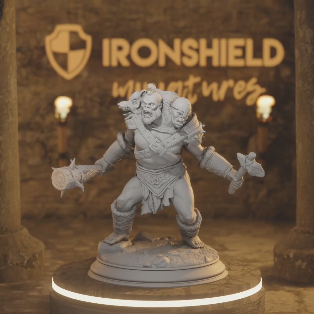 Ettin Savages - Orcs Droggod Tribe — 360° rotating view of 3D printed DnD miniature