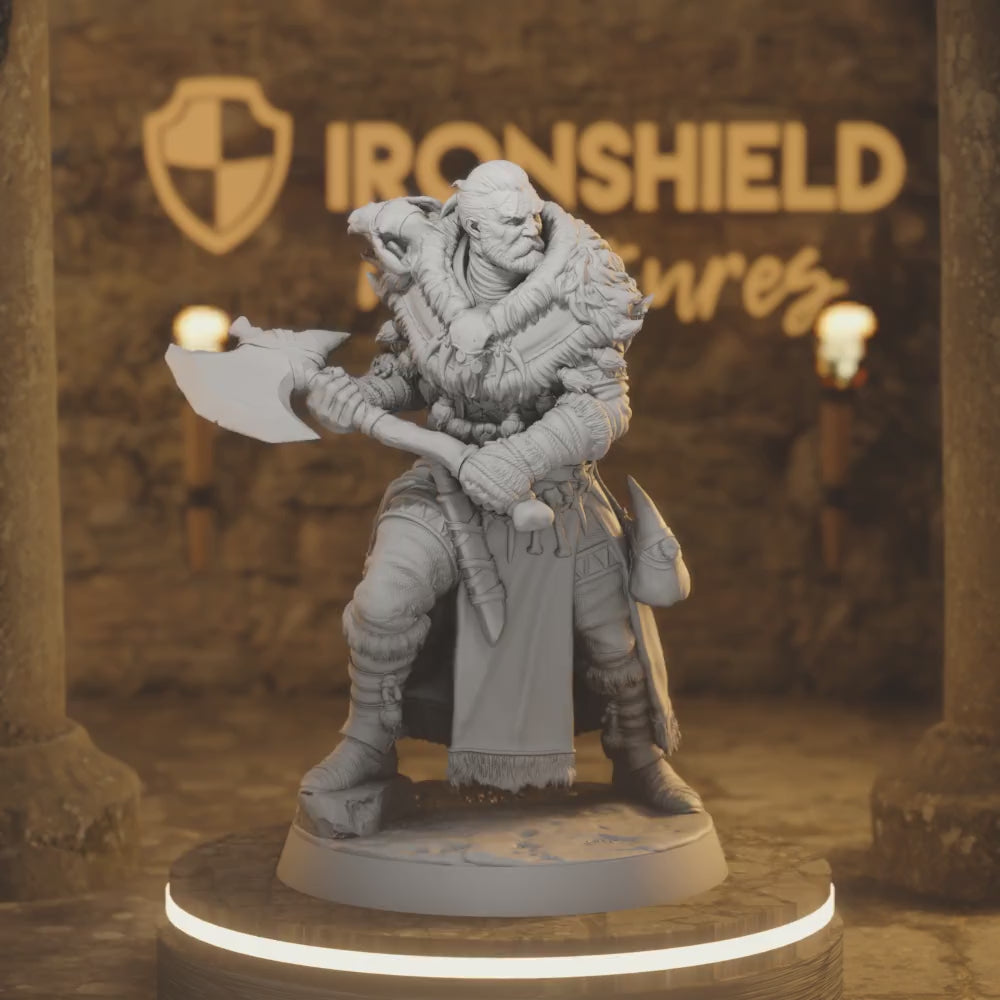Clan Warrior 1 – Tribal Barbarian Axe Berserker — 360° rotating view of 3D printed DnD miniature