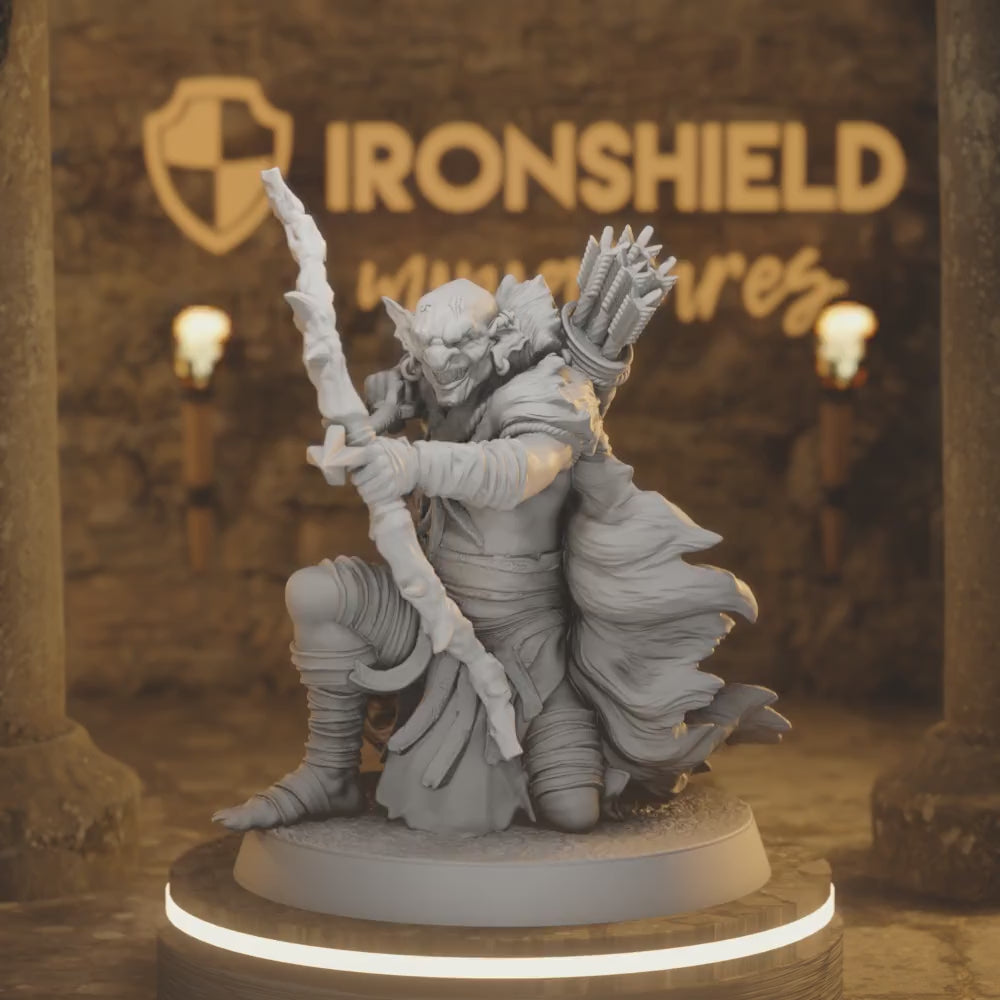 Marsh Goblin Archer 4 – Wretched Outlaw Arrow Raider — 360° rotating view of 3D printed DnD miniature