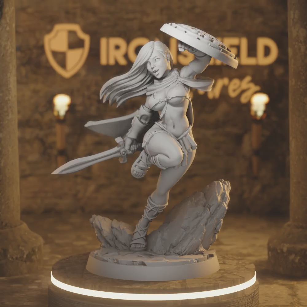 Crescendia Lady Fighter Warrior Girl — 360° rotating view of 3D printed DnD miniature