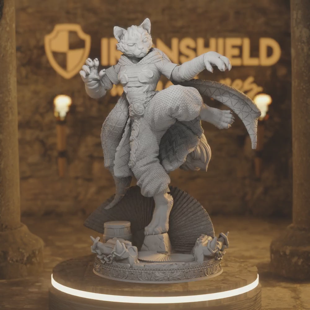 Catfolk Monk Assassin - Katrin — 360° rotating view of 3D printed DnD miniature