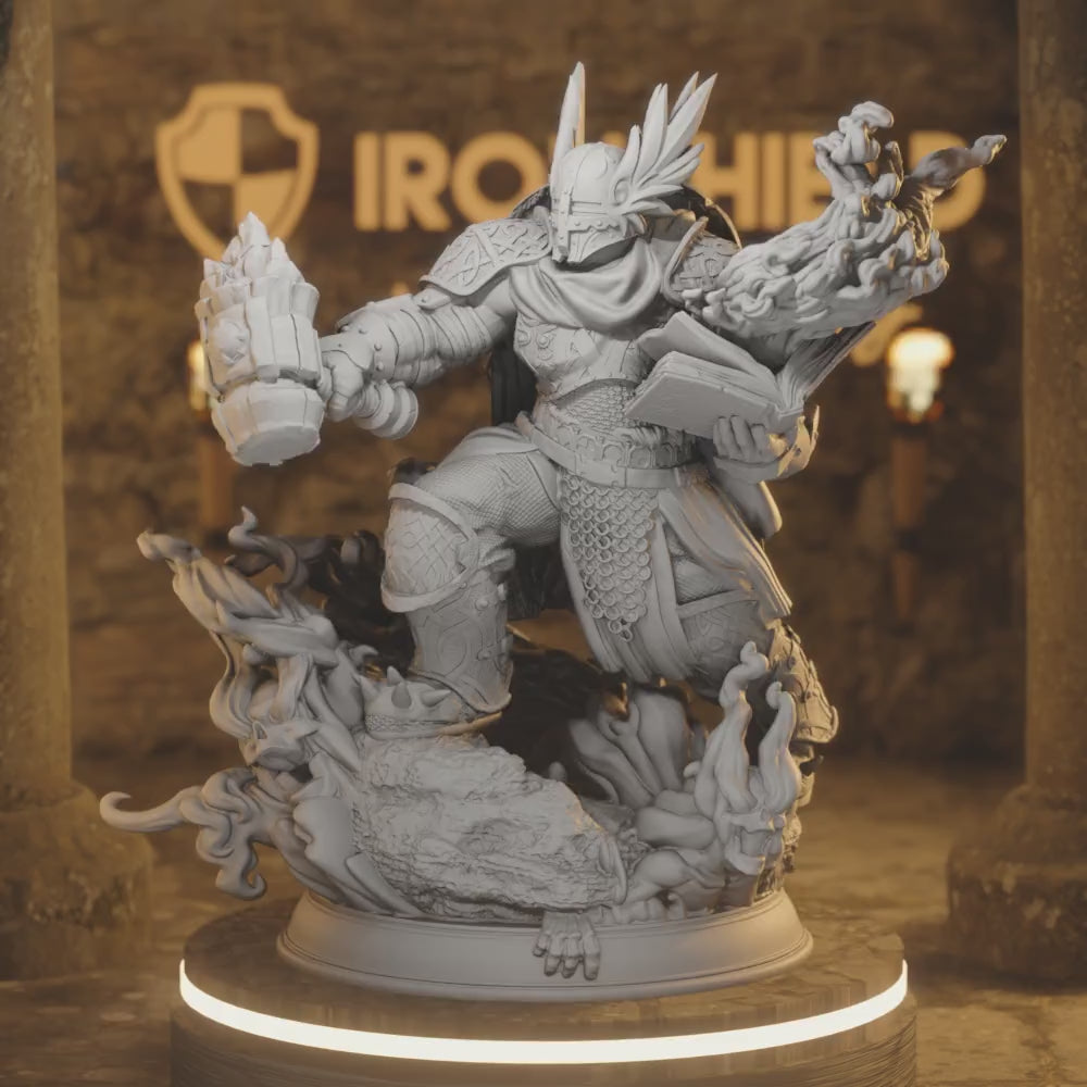 Fiery Forge Cleric - Gorozai with hammer — 360° rotating view of 3D printed DnD miniature
