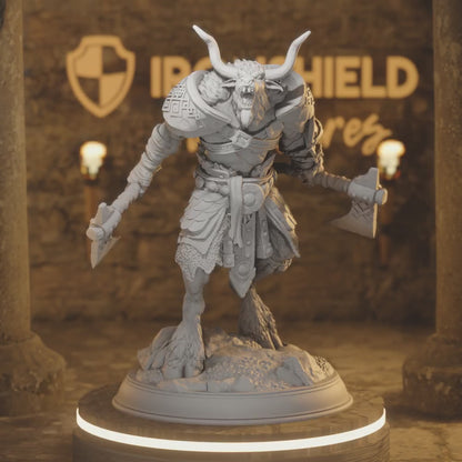 Hannes Beastfolk Minotaur Barbarian Fighter — 360° rotating view of 3D printed DnD miniature