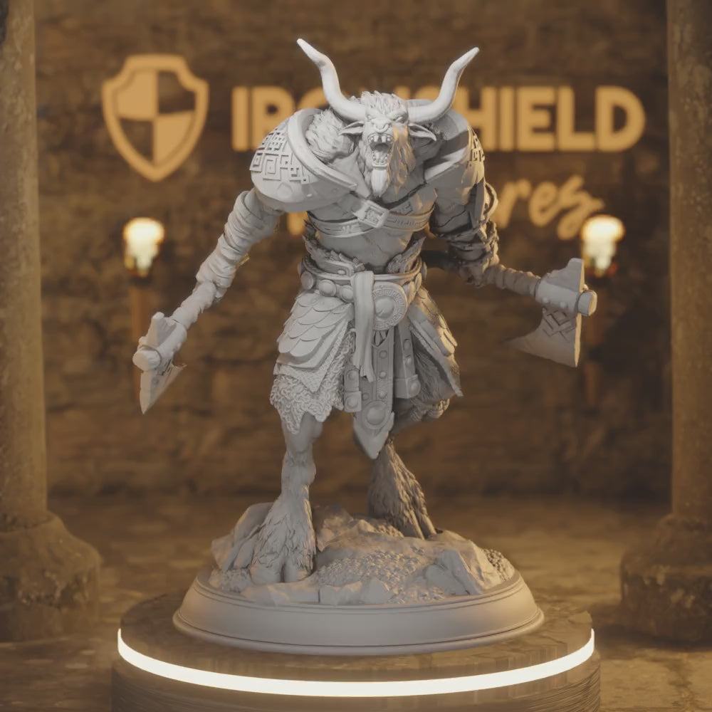 Hannes Beastfolk Minotaur Barbarian Fighter — 360° rotating view of 3D printed DnD miniature
