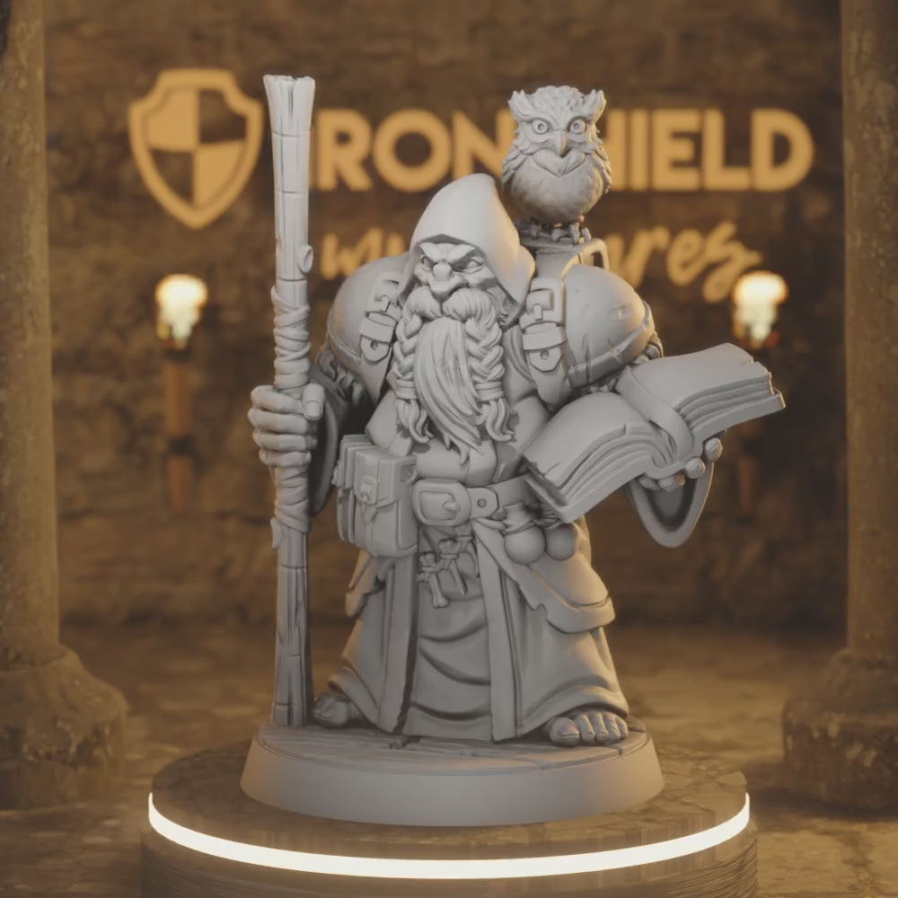 Dramnir - Dwarf Wizard sage wanderer — 360° rotating view of 3D printed DnD miniature