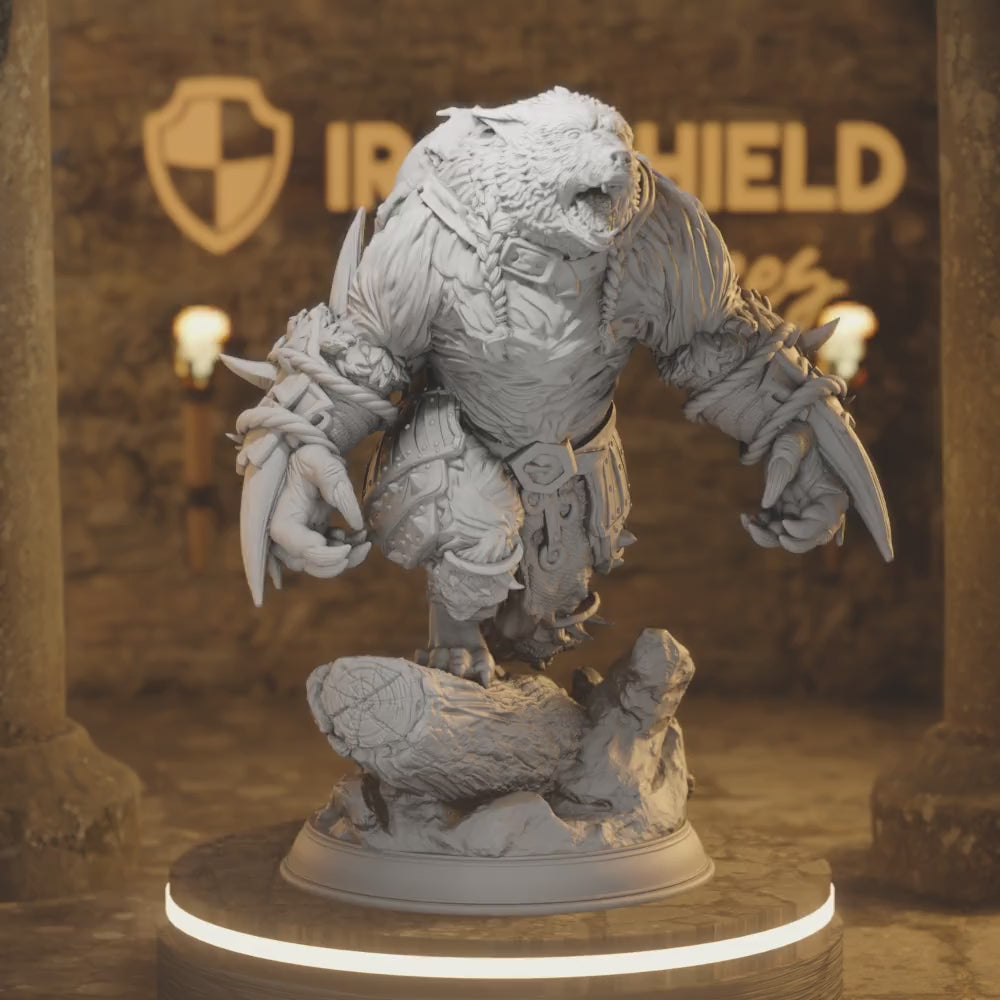 Beastfolk Bearserker Barbarian Hilda Bjornstain — 360° rotating view of 3D printed DnD miniature