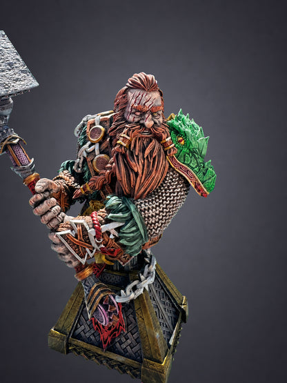 Rend Madbeard painted dwarf bust - front detail of braided red beard, scars and emerald dragon pauldron