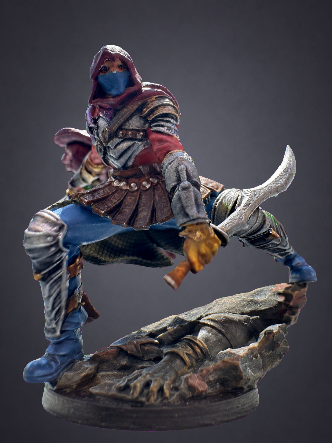 Serran painted rogue - crouched pose showing crimson hood, blue face wrap and steel armour plates