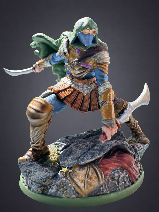 Serran hand-painted Master Assassin Rogue green cloak edition - 32mm resin DnD tabletop RPG miniature